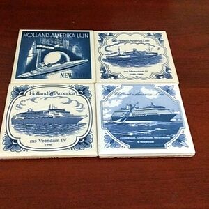 Set of 4 Delft Blue Ceramic Tile Coasters "Holland America Cruise Line"